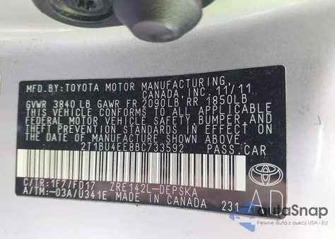 2011 Toyota Corolla S z USA, uszkodzony, nr VIN 2T1BU4EE8BC733592